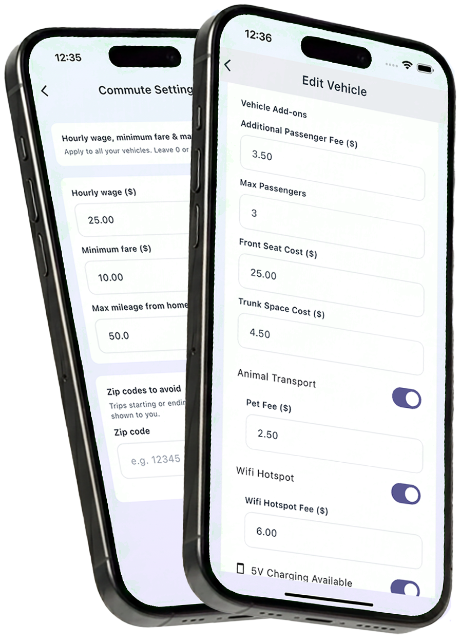 Provider settings – commute and vehicle options
